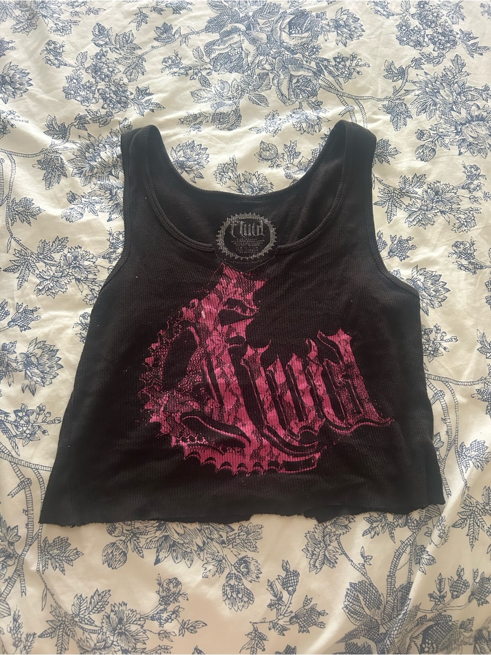 Fluide Black Ribbed Crop Tank with Pink Graphic
